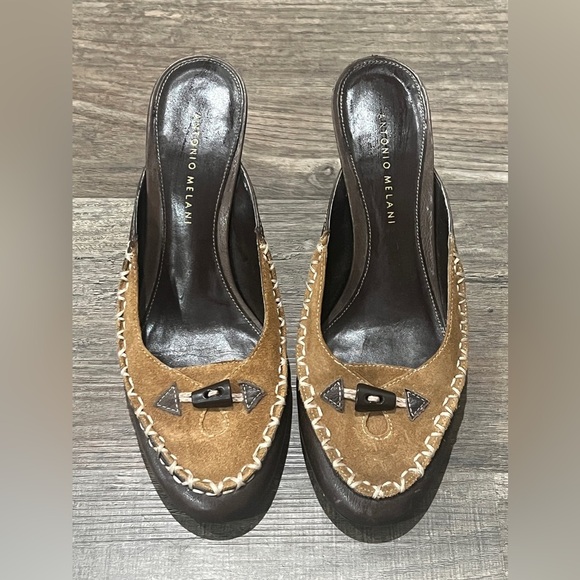 FINAL PRICE Antonio Melani Heels Kitten Suede & Leather Moccasin Style Brown - Picture 1 of 9